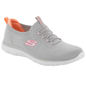 Light gray slip-on athletic shoe with pink and orange accents, featuring a breathable mesh design and elastic laces.