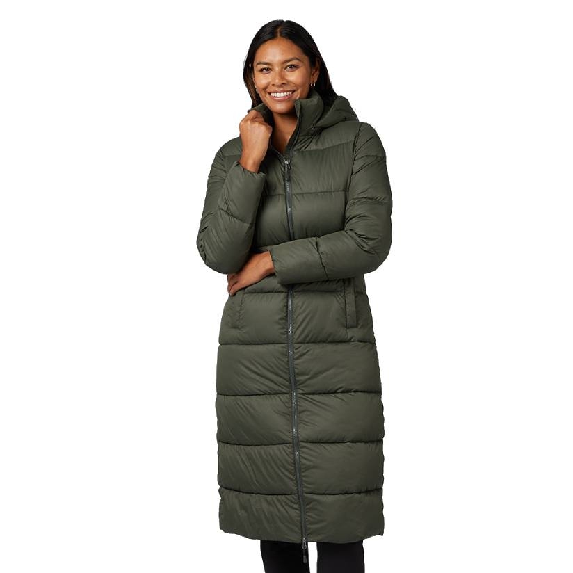 A woman is wearing a long, olive green, puffer-style coat with a hood from 32 Degrees, featuring a front zipper closure and quilted design for warmth.