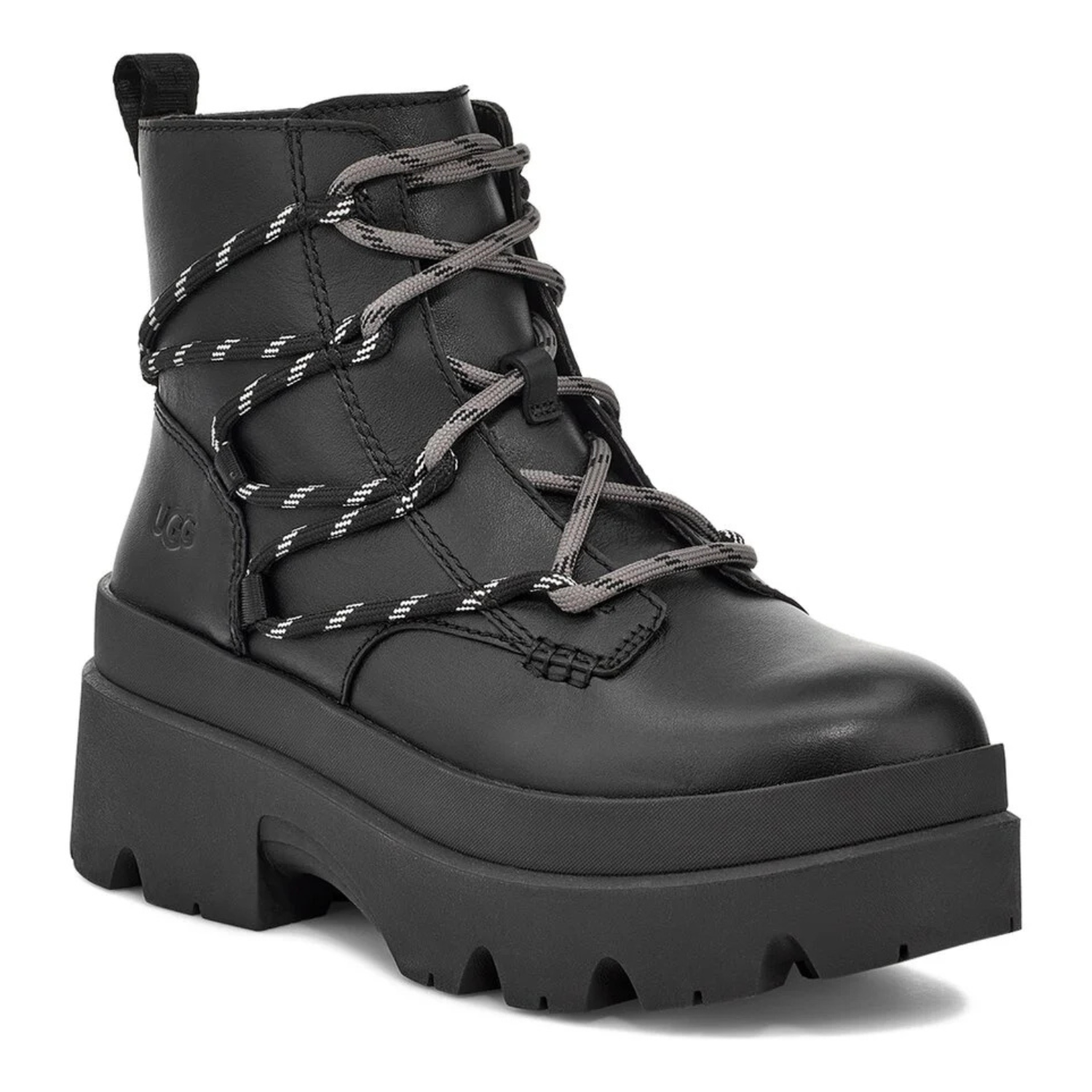 Black UGG Brisbane Lace-Up Boots feature a chunky platform sole, high-top design, and crisscross laces with subtle reflective details. They are constructed from smooth leather for a stylish and sturdy look.
