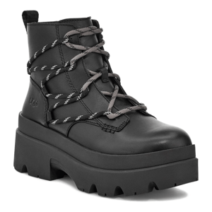 Black UGG Brisbane Lace-Up Boots feature a chunky platform sole, high-top design, and crisscross laces with subtle reflective details. They are constructed from smooth leather for a stylish and sturdy look.