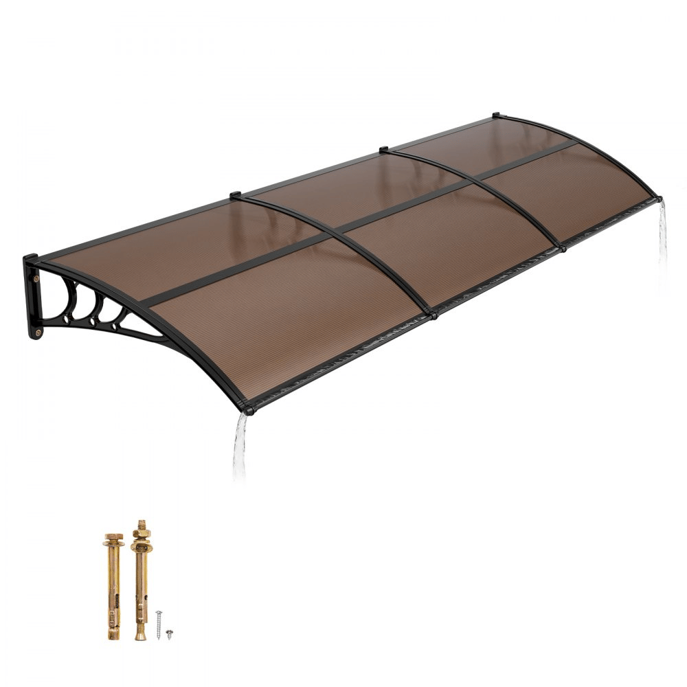 Brown polycarbonate awning with black brackets for wall mounting, featuring a curved design and including anchoring hardware.