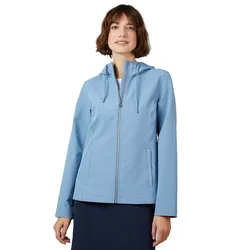 A woman wearing a light blue zip-up hoodie with a hood and drawstrings, paired with a dark skirt.