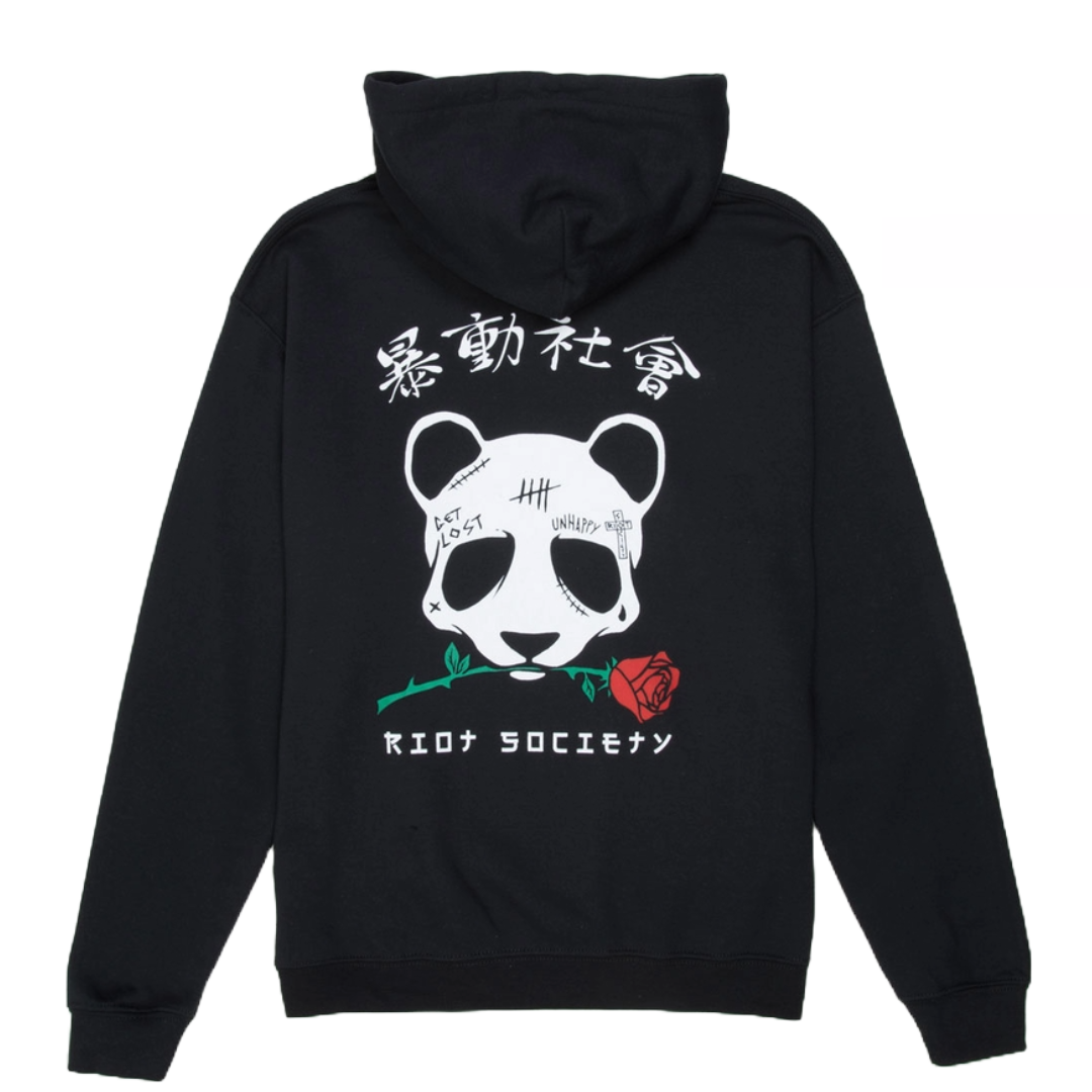 Black hoodie featuring a panda graphic with stitched eyes holding a red rose in its mouth, accented by the words \“Get Lost\“ and \“Unhappy.\“ Japanese characters and \“Riot Society\“ are printed above and below the panda.