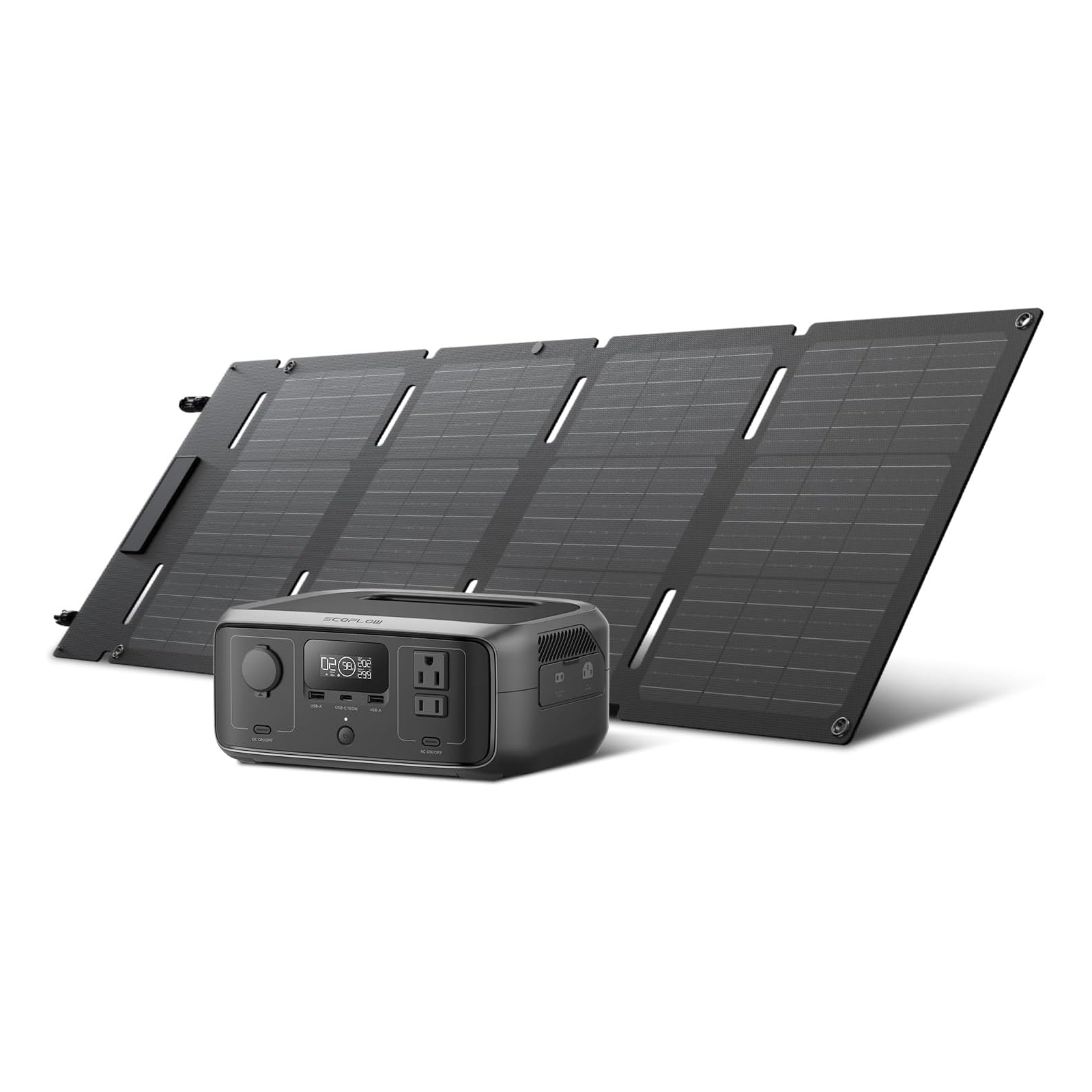 EcoFlow Solar Generator includes a portable solar panel and a power station with multiple outlets for charging devices. It's designed for off-grid energy solutions, combining solar energy capture with storage and output capabilities.