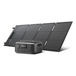 EcoFlow Solar Generator includes a portable solar panel and a power station with multiple outlets for charging devices. It's designed for off-grid energy solutions, combining solar energy capture with storage and output capabilities.