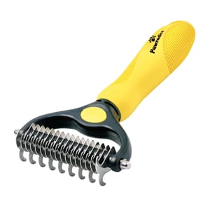 Yellow and black dog deshedding brush with a comfortable handle and multiple stainless steel curved teeth for removing loose fur and reducing shedding.