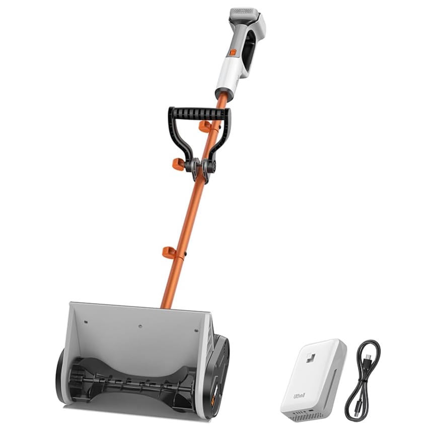 Litheli 20V Cordless Brushed Snow Shovel, featuring an ergonomic handle and an orange telescopic shaft, includes a rechargeable battery and charging cable.
