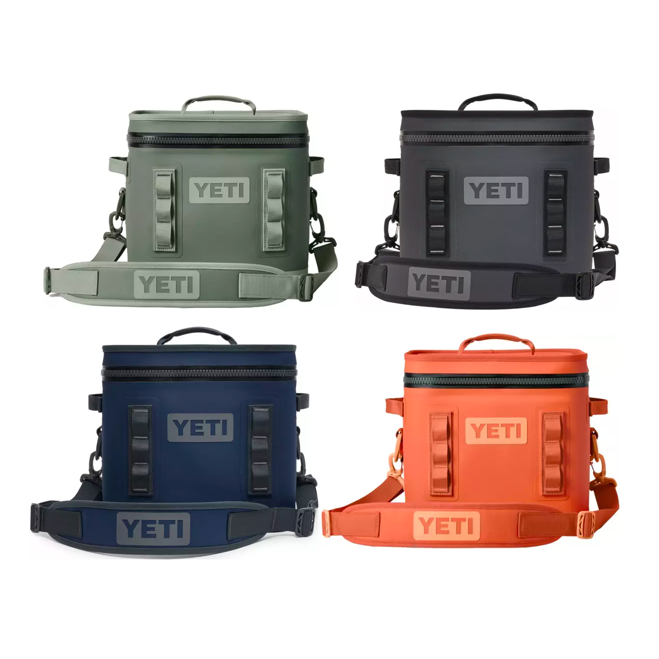 Four YETI brand soft coolers in different colors: olive green, black, navy, and orange.