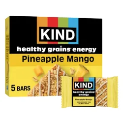KIND Healthy Grains Energy Pineapple Mango bars, with a box of 5 bars shown, featuring oat and grain bars infused with pineapple and mango flavors. Packaging highlights vibrant fruit imagery and colorful branding.