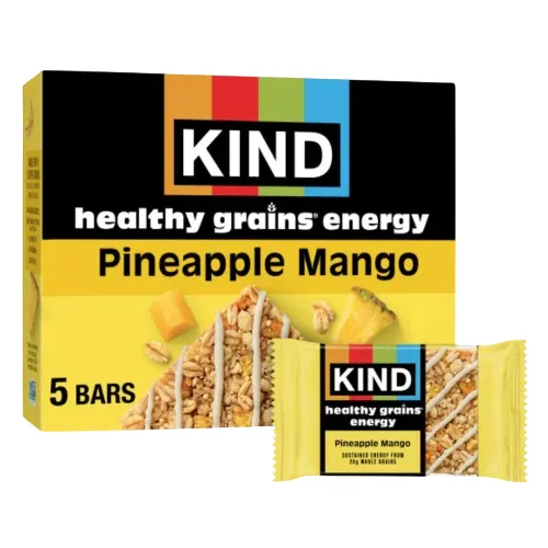 KIND Healthy Grains Energy Pineapple Mango bars, with a box of 5 bars shown, featuring oat and grain bars infused with pineapple and mango flavors. Packaging highlights vibrant fruit imagery and colorful branding.