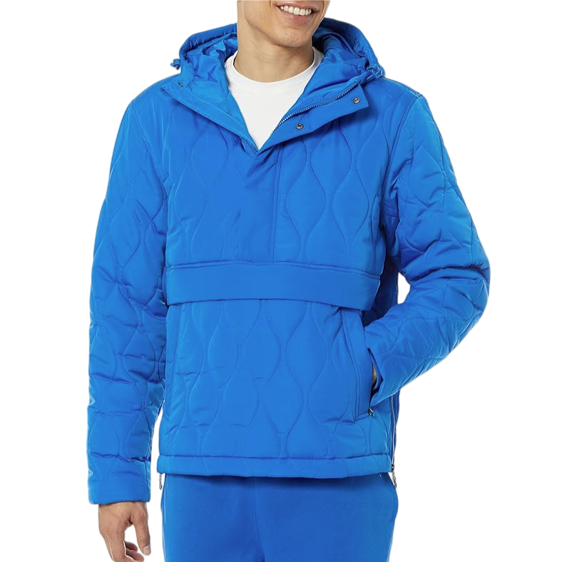 A person is wearing a bright blue quilted jacket with hood, featuring an overlapping front and a large pocket at the waist. The jacket is paired with matching blue pants.