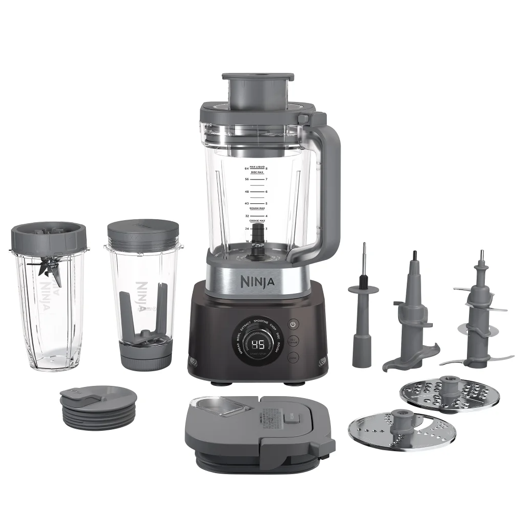 A Ninja food processor and blender combo with multiple blades, attachments, and containers for blending and food processing tasks.