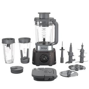 A Ninja food processor and blender combo with multiple blades, attachments, and containers for blending and food processing tasks.