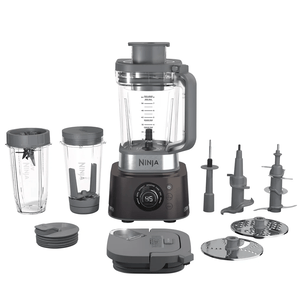 A Ninja food processor and blender combo with multiple blades, attachments, and containers for blending and food processing tasks.