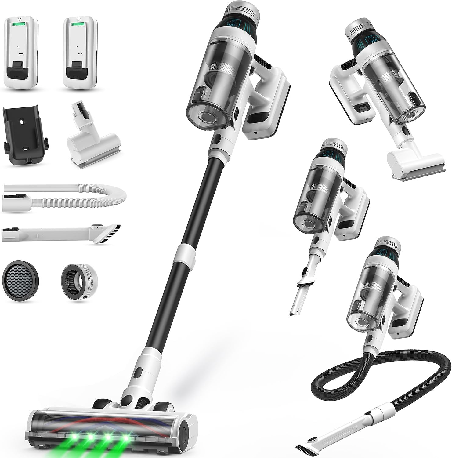 Cordless stick vacuum cleaner with multiple attachments including a motorized brush head, crevice tool, and flexible hose. It features two rechargeable batteries, a wall mount, and filters.