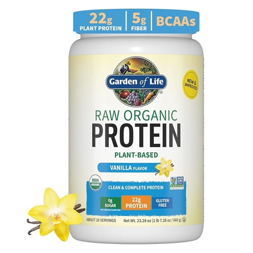Garden of Life Raw Organic Protein is a plant-based vanilla-flavored powder with 22g of protein, 5g of fiber, BCAAs, and 0g sugar per serving. USDA organic and gluten-free, the container weighs 1 lb 7.28 oz (660g) and offers about 20 servings.