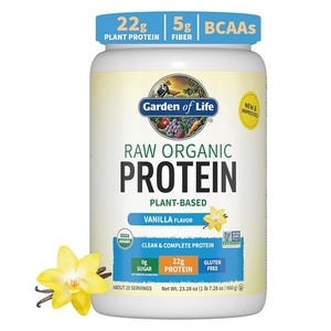 Garden of Life Raw Organic Protein is a plant-based vanilla-flavored powder with 22g of protein, 5g of fiber, BCAAs, and 0g sugar per serving. USDA organic and gluten-free, the container weighs 1 lb 7.28 oz (660g) and offers about 20 servings.