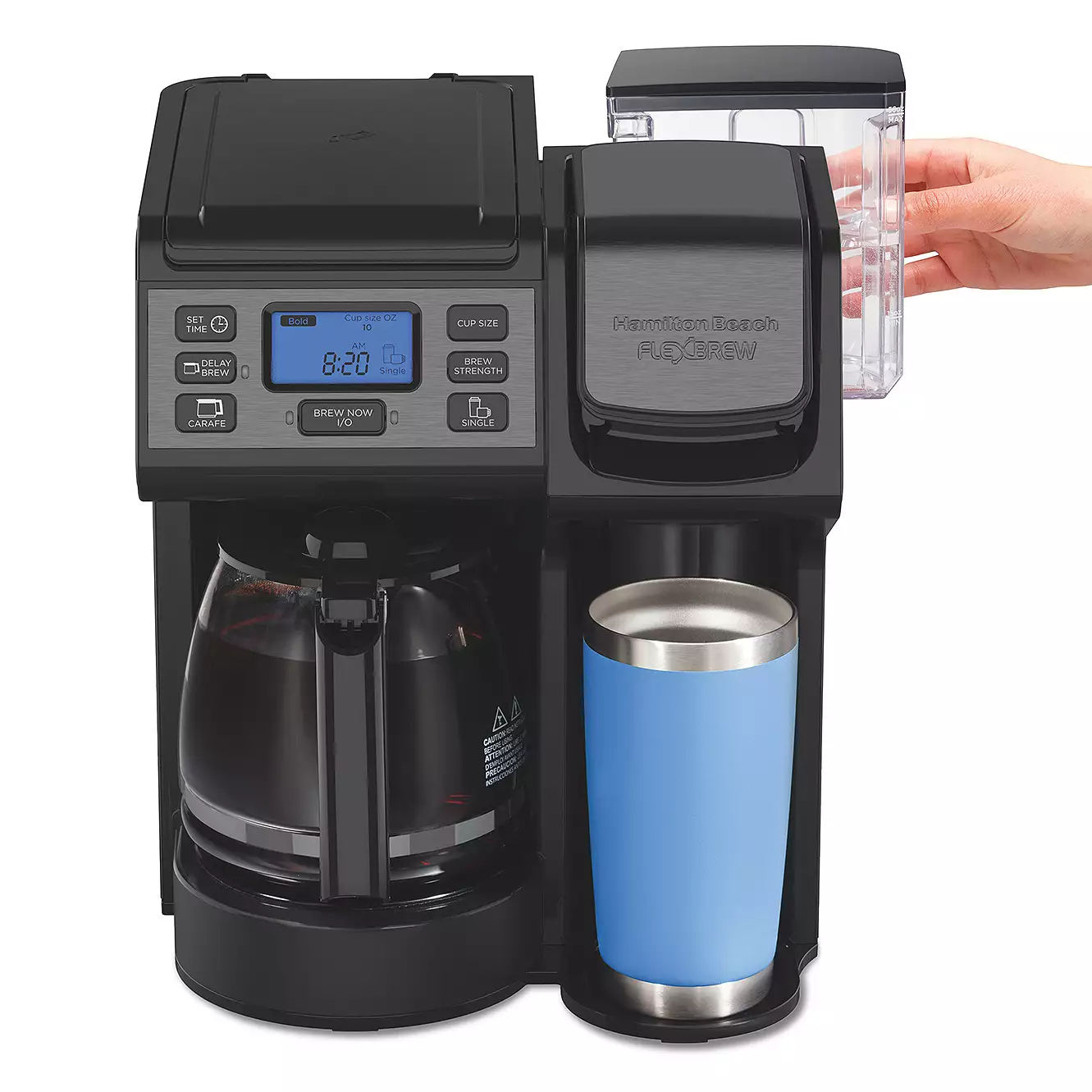 Hamilton Beach FlexBrew features a dual design for single-serve or full carafe brewing, digital display for settings, brew strength options, and a removable water reservoir.