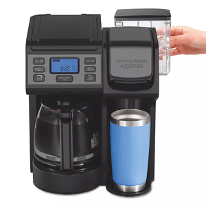 Hamilton Beach FlexBrew features a dual design for single-serve or full carafe brewing, digital display for settings, brew strength options, and a removable water reservoir.