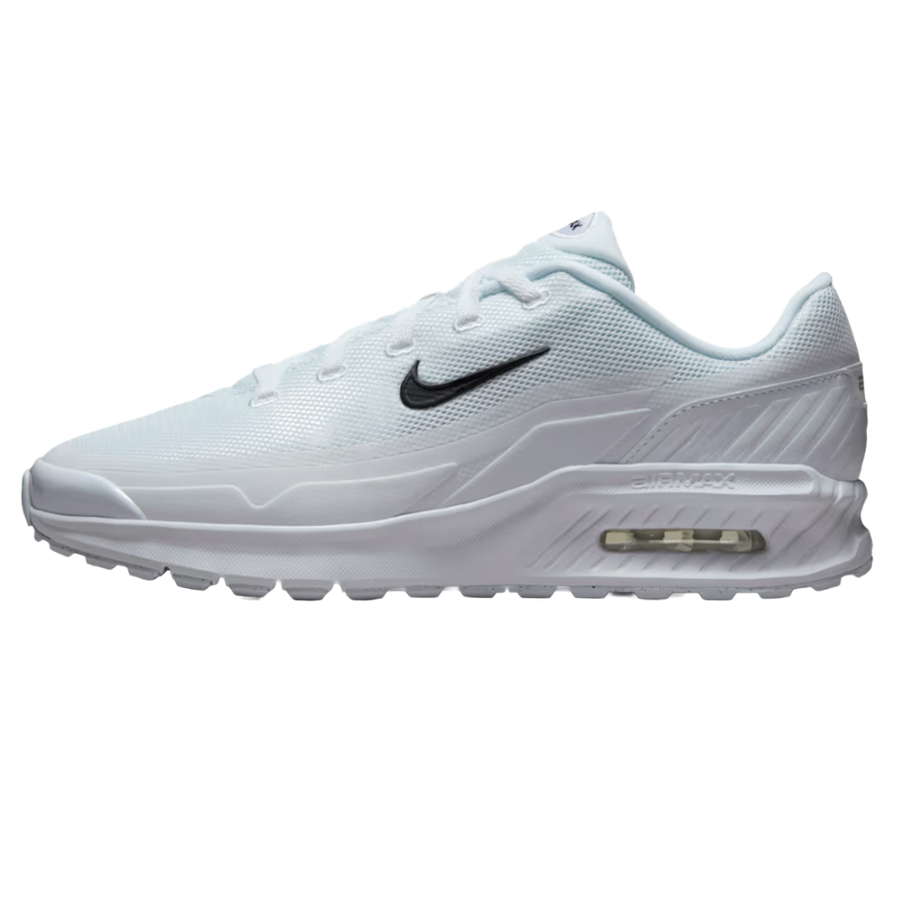 White Nike sneaker with a visible Air Max unit, featuring a black swoosh logo on the side.