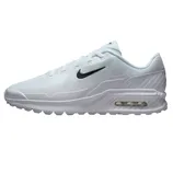 White Nike sneaker with a visible Air Max unit, featuring a black swoosh logo on the side.