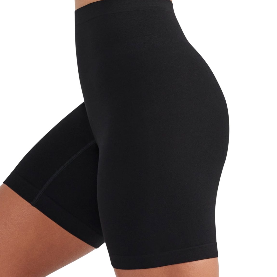 High-waisted black compression shorts with a seamless design and mid-thigh length, providing a smooth and supportive fit.