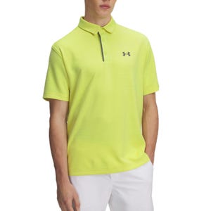 A bright yellow polo shirt with a black logo on the chest and a collar, paired with white shorts.