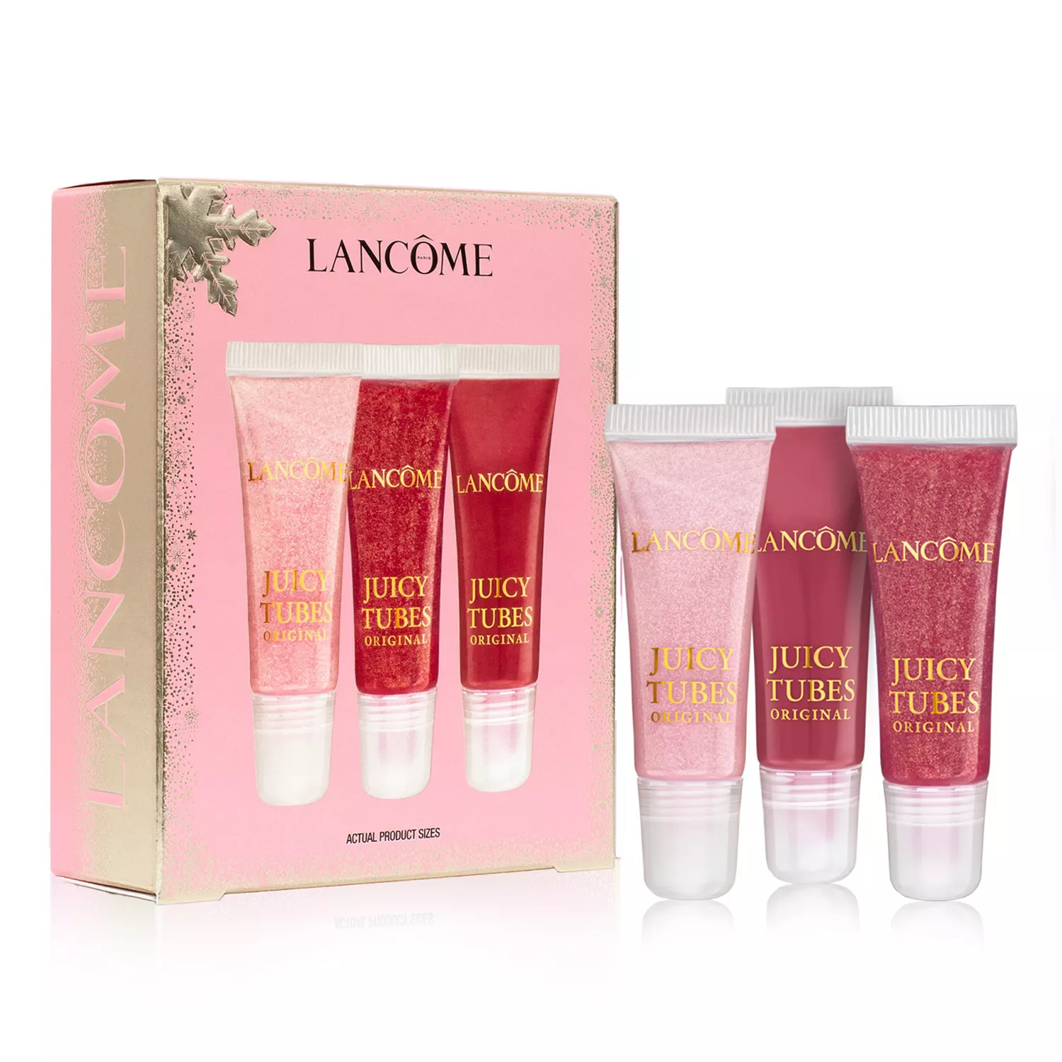 Lancôme Juicy Tubes Original gift set features three lip gloss tubes in shades of pink and red, packaged in a pink and gold box.