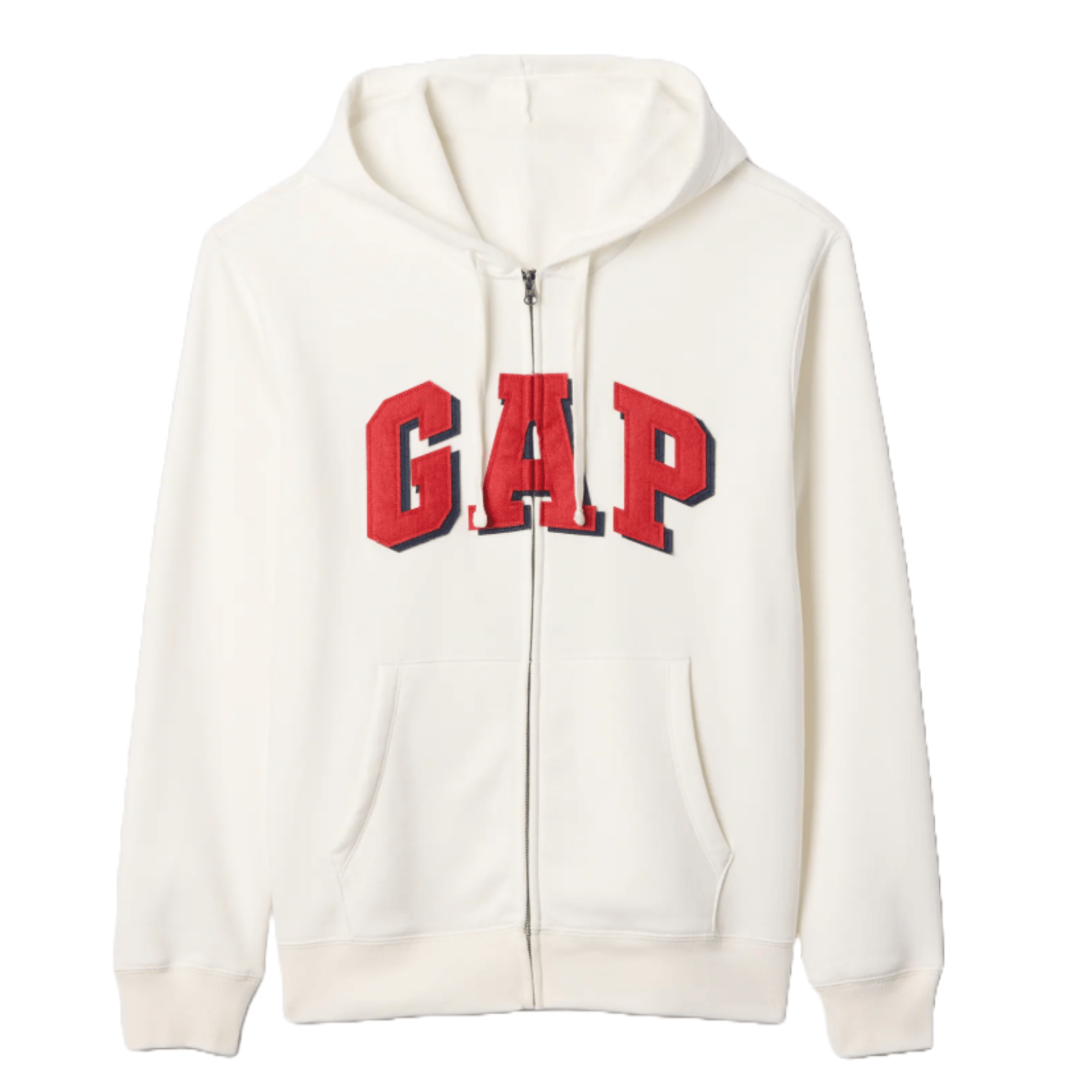 White zip-up hoodie with a relaxed fit, featuring \“GAP\“ in large red letters on the front. It has a hood with drawstrings and front pockets for casual wear.