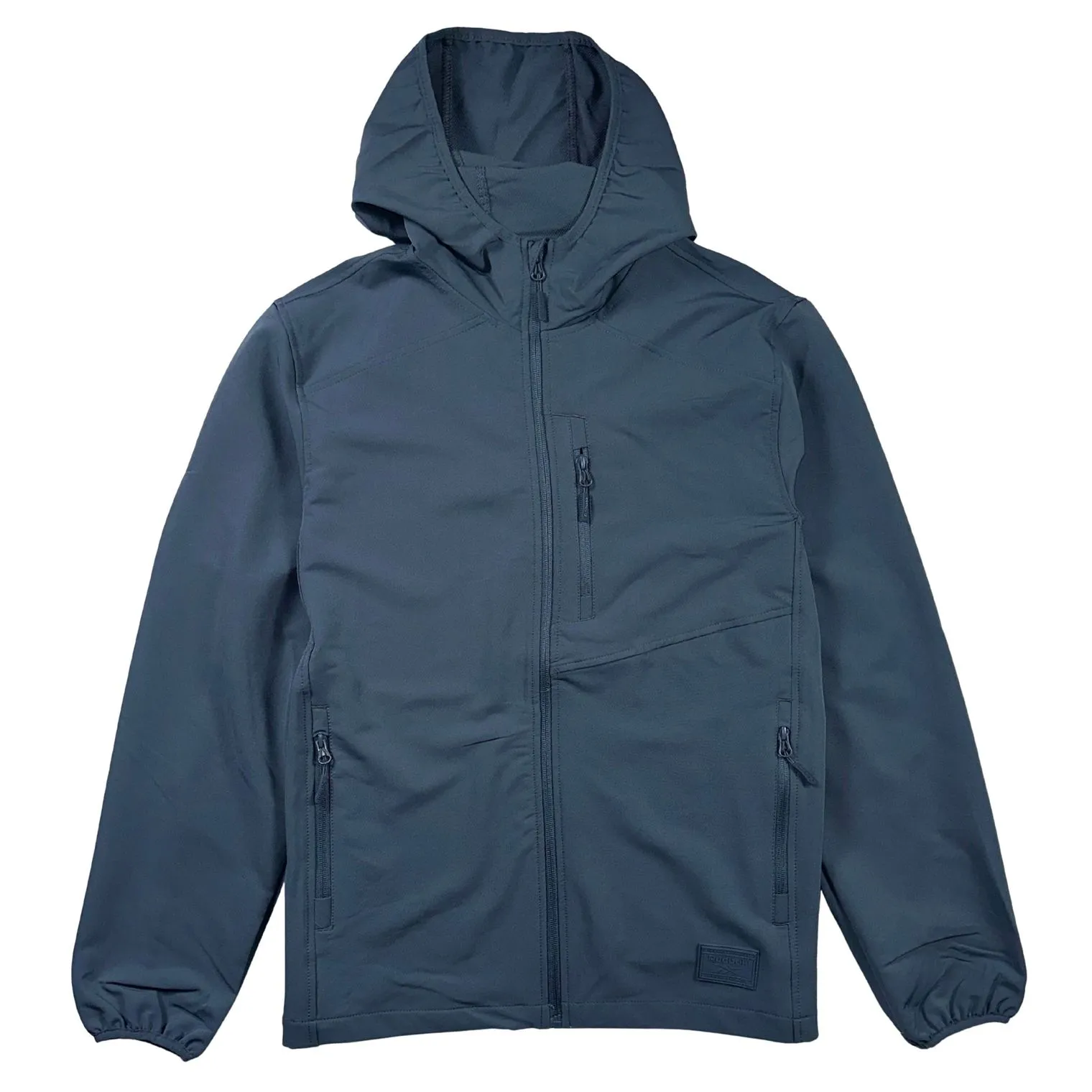 A dark blue hooded jacket with a front zipper, chest pocket, and two side pockets, featuring elastic cuffs.