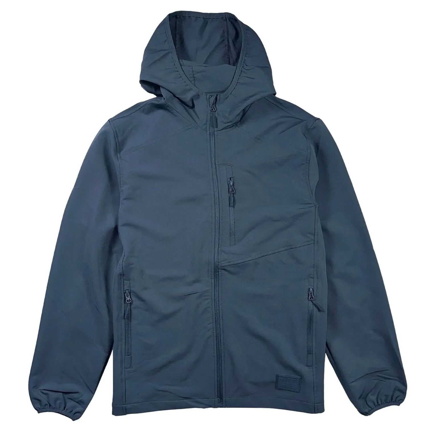 A dark blue hooded jacket with a front zipper, chest pocket, and two side pockets, featuring elastic cuffs.