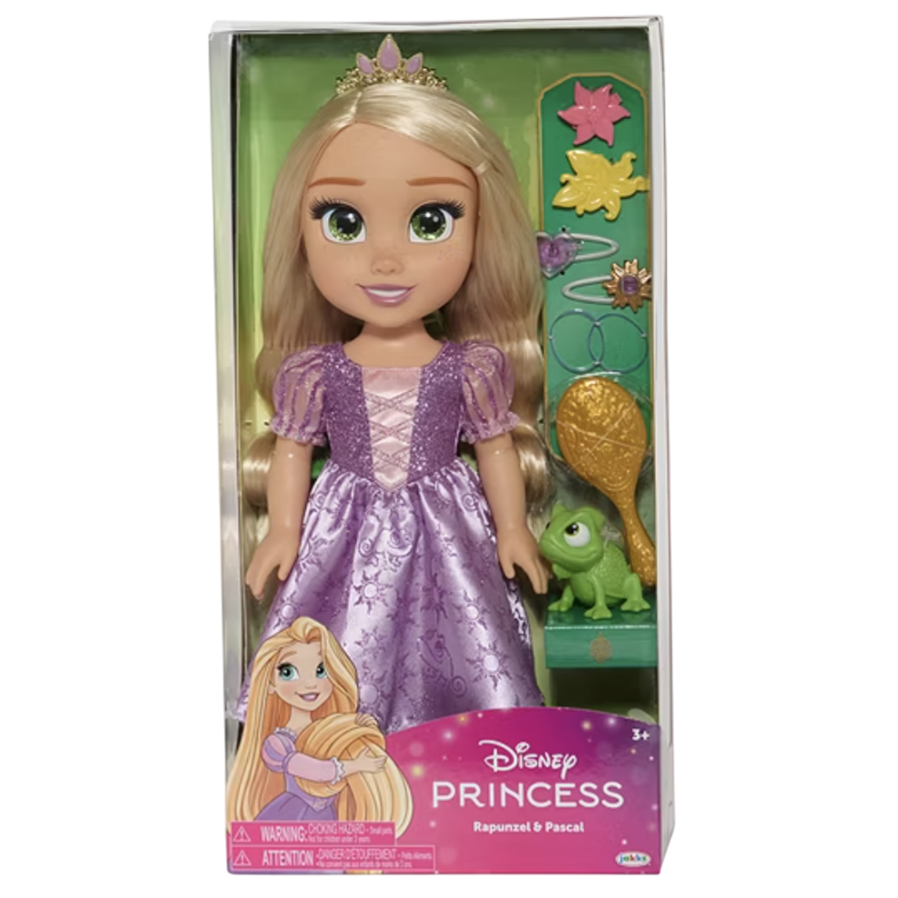 Disney Princess Rapunzel doll with Pascal, wearing a purple dress. Includes accessories like a tiara, brush, and decorative pieces. Suitable for ages 3 and up.