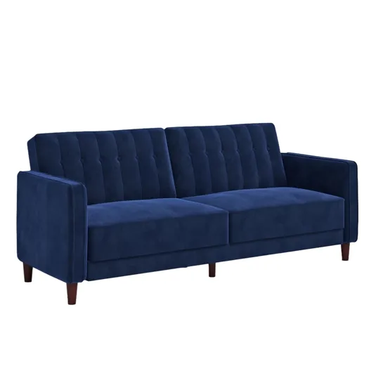 A navy blue, tufted three-seater sofa with wooden legs and square arms.