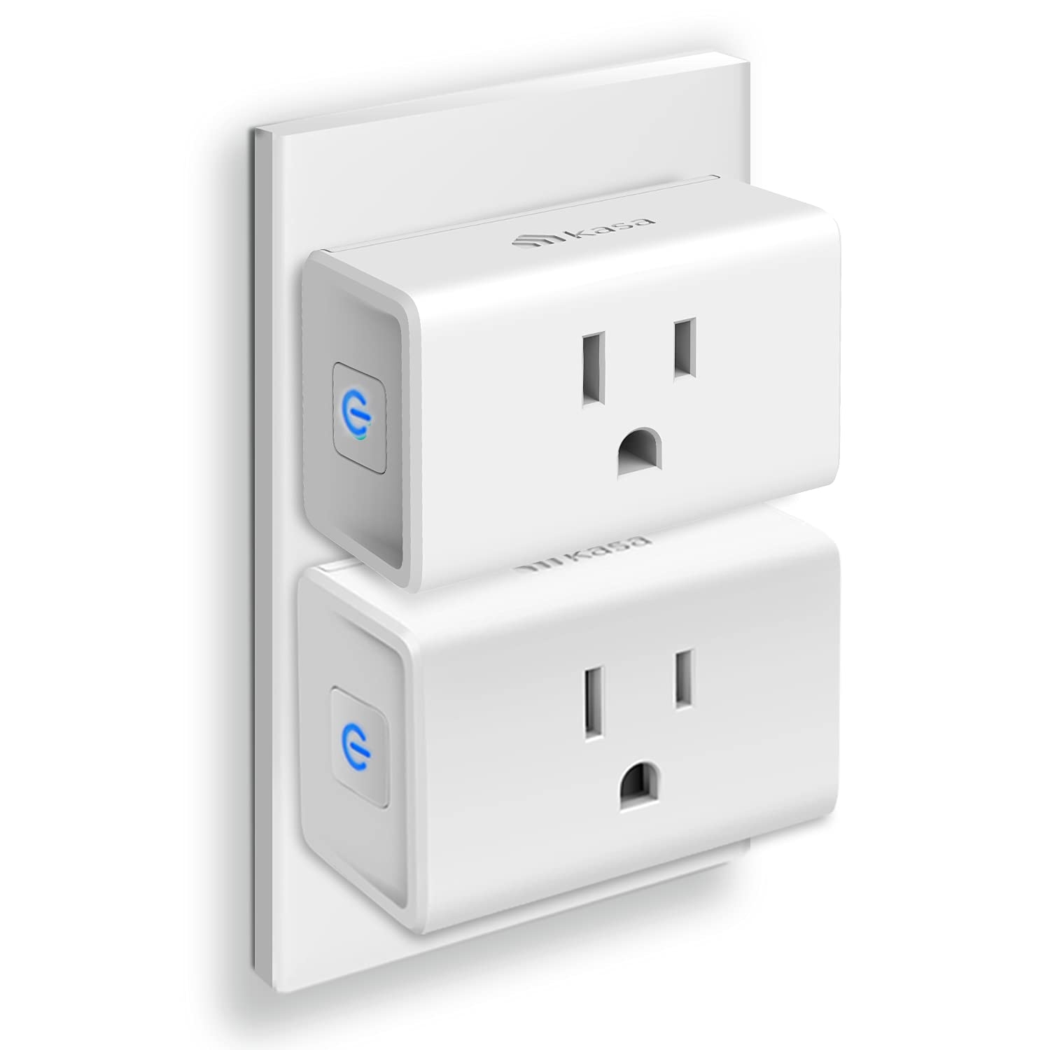The 2pk Kasa Ultra Mini Smart Plugs are compact smart plugs that fit into a standard outlet. They feature a single power button with an indicator light, allowing for remote control of connected devices via a compatible app.