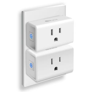 The 2pk Kasa Ultra Mini Smart Plugs are compact smart plugs that fit into a standard outlet. They feature a single power button with an indicator light, allowing for remote control of connected devices via a compatible app.