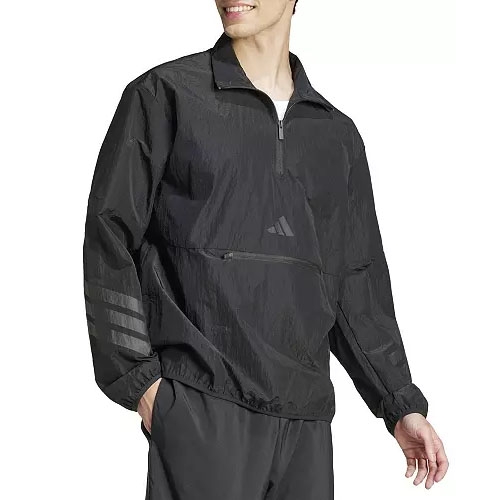 A black Adidas windbreaker with quarter-zip, three stripes on the sleeve, and a front zip pocket.