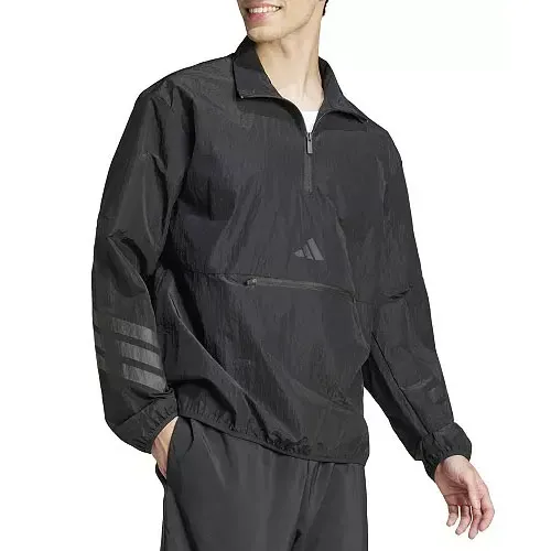 A black Adidas windbreaker with quarter-zip, three stripes on the sleeve, and a front zip pocket.