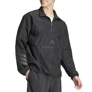 A black Adidas windbreaker with quarter-zip, three stripes on the sleeve, and a front zip pocket.