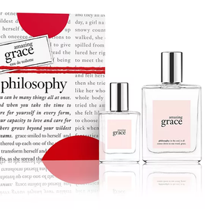 Philosophy Amazing Grace Perfume Set includes two eau de toilette bottles with a minimalist, elegant design and pink labels. The set features the text \“philosophy: in the end, it all comes down to one word: grace.\“