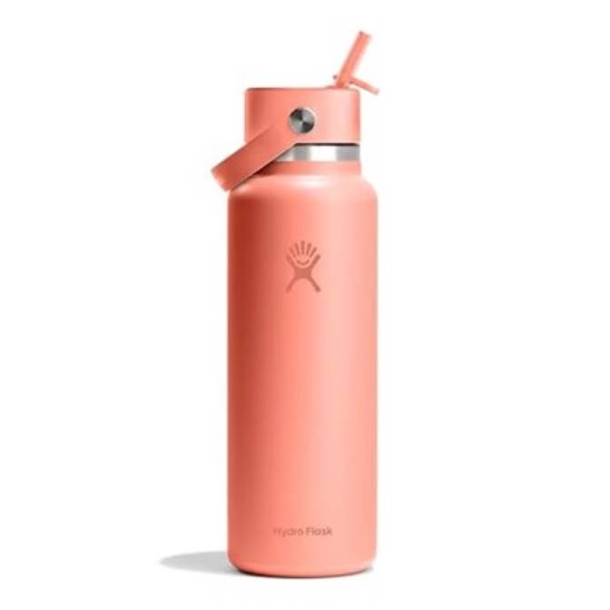 A coral-colored Hydro Flask with a screw-on lid and a built-in flexible straw. It has the Hydro Flask logo embossed on the front.