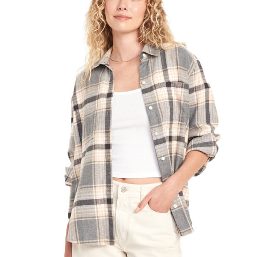 A relaxed-fit plaid flannel shirt with a collared neckline and button-down front, featuring long sleeves and a chest pocket, styled in a grey and cream color scheme.