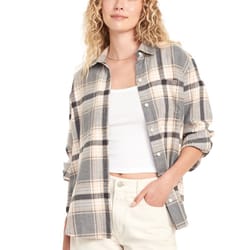 A relaxed-fit plaid flannel shirt with a collared neckline and button-down front, featuring long sleeves and a chest pocket, styled in a grey and cream color scheme.