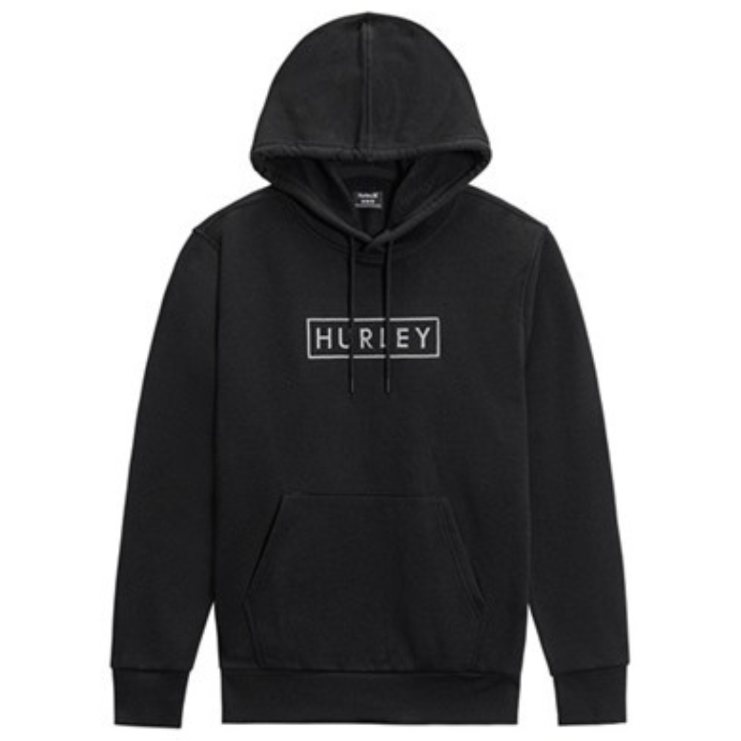 Black hoodie with a front kangaroo pocket and drawstring hood, featuring the \“HURLEY\“ logo in a rectangular outline on the chest.