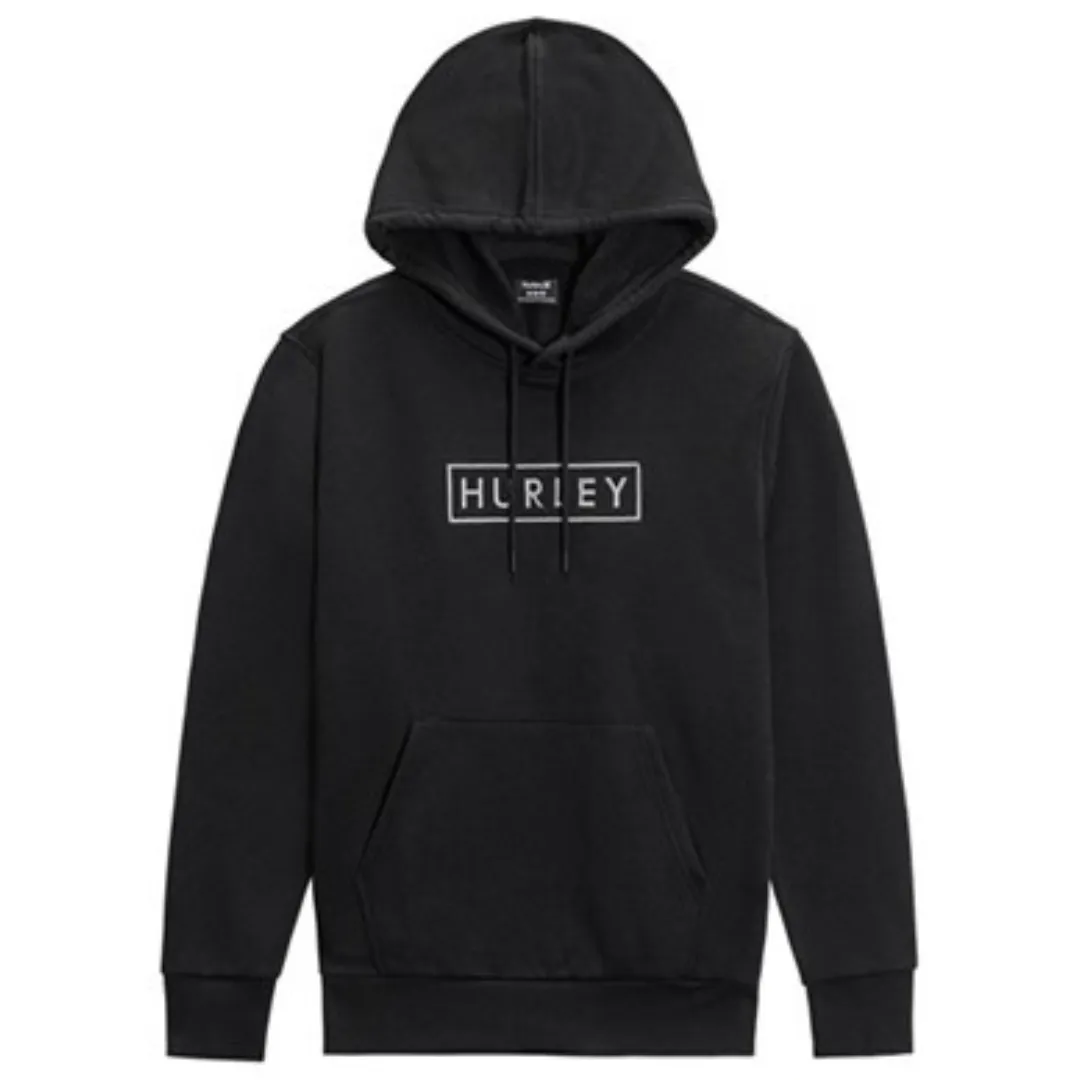 Black hoodie with a front kangaroo pocket and drawstring hood, featuring the \“HURLEY\“ logo in a rectangular outline on the chest.