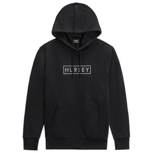 Black hoodie with a front kangaroo pocket and drawstring hood, featuring the \“HURLEY\“ logo in a rectangular outline on the chest.