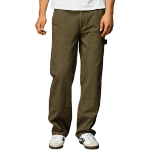 A person is wearing olive green cargo pants paired with white and black sneakers, and a white shirt.
