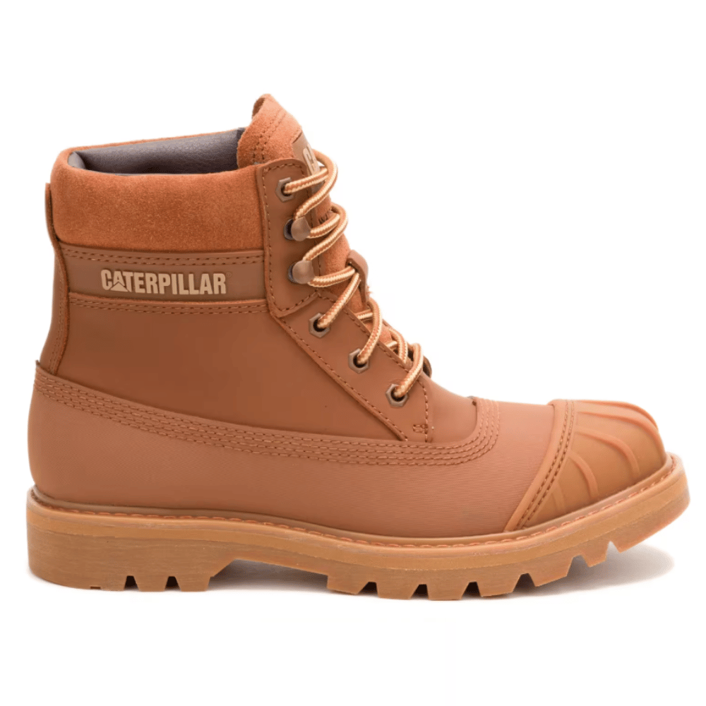 A brown ankle-high boot with a rugged design, featuring a rubberized toe and sole, and \“Caterpillar\“ branding on the side.