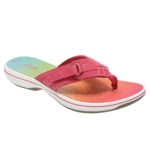 Pink thong sandal with adjustable strap, featuring a multicolored sole with a subtle gradient design.