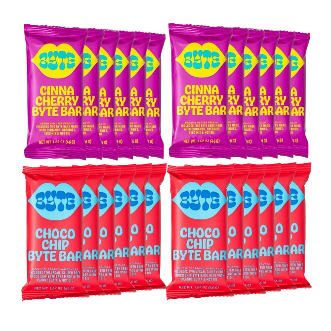 Eight brightly colored packets of BYTE protein bars in two flavors: Cinna Cherry and Choco Chip.
