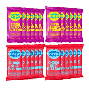 Eight brightly colored packets of BYTE protein bars in two flavors: Cinna Cherry and Choco Chip.